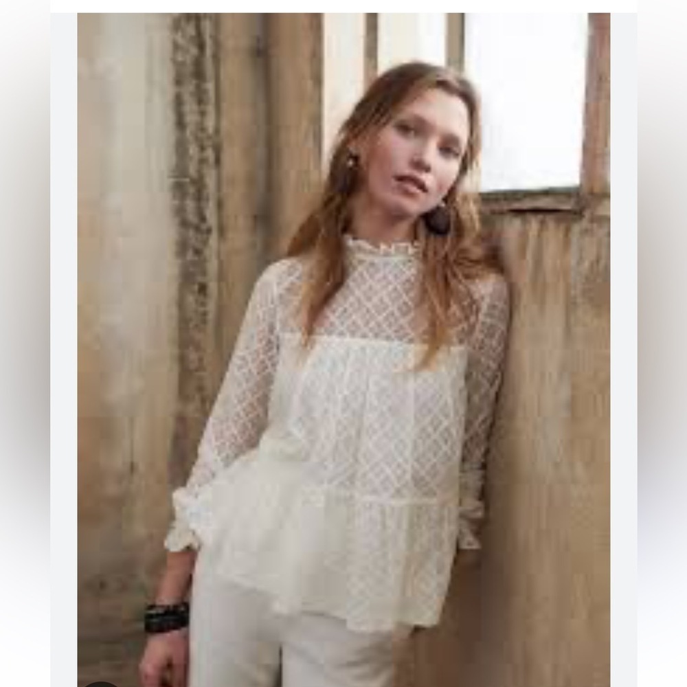 Sezane Gabbie Tiered Ruffle romantic lace Blouse, FR 34/ US 2